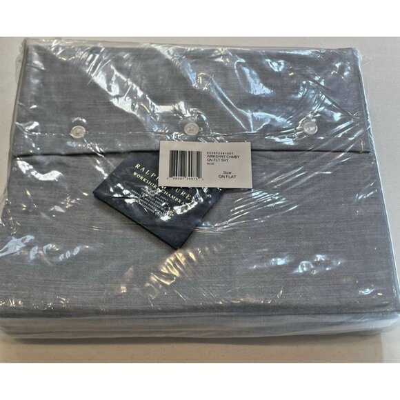 Ralph Lauren Blue Workshirt Chambray Flat Sheet Queen 100% Cotton BRAND NEW $245